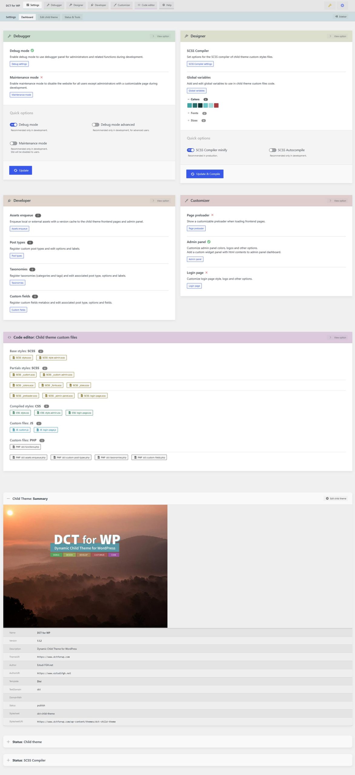 Settings dashboard