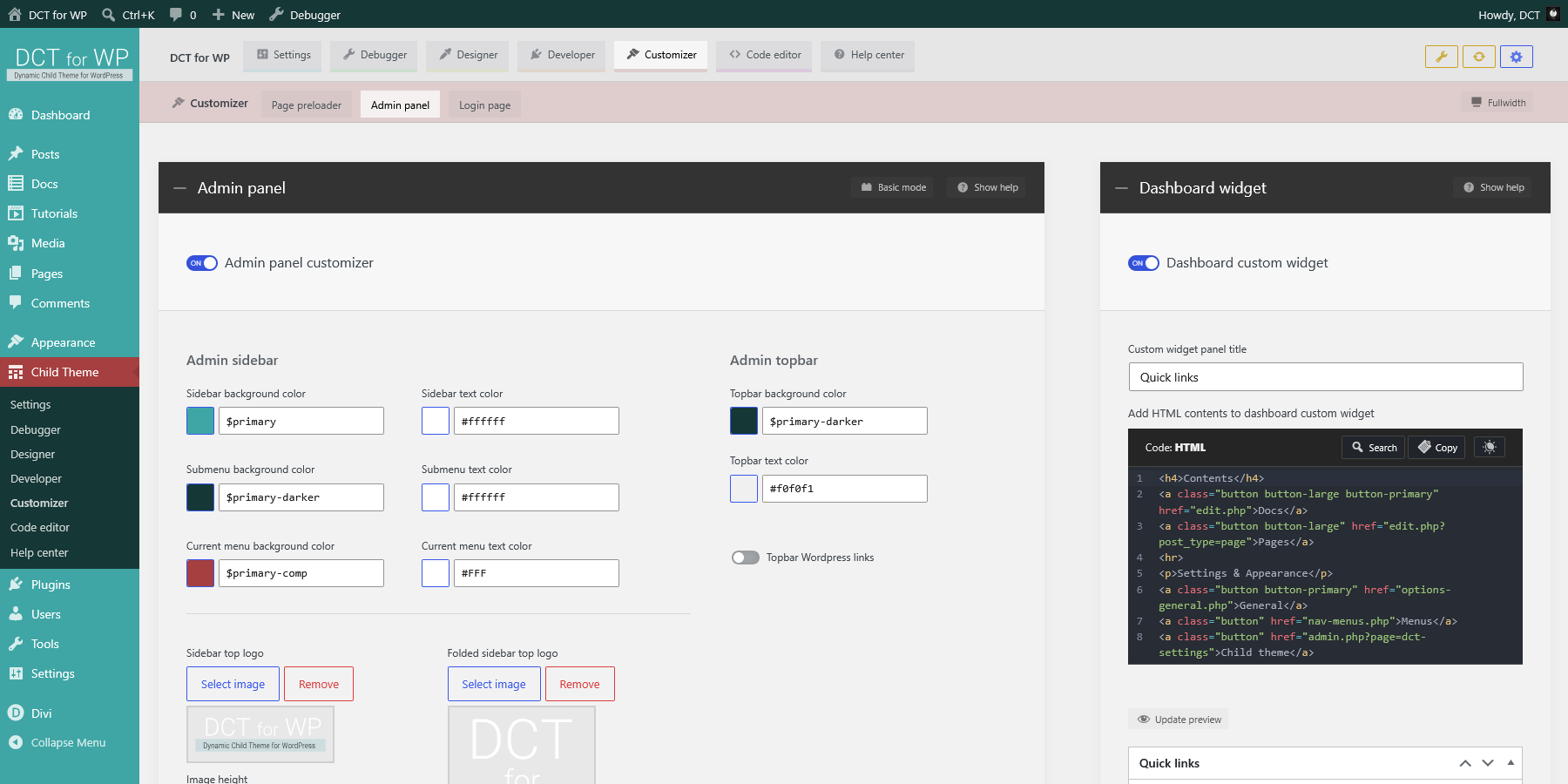 DCT Customizer - Admin panel