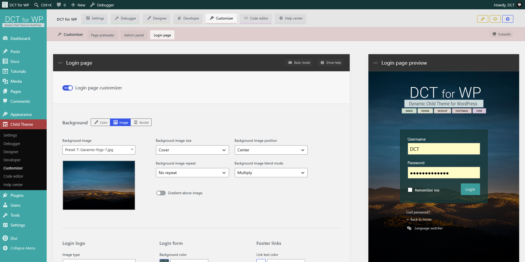 DCT Customizer - Login page