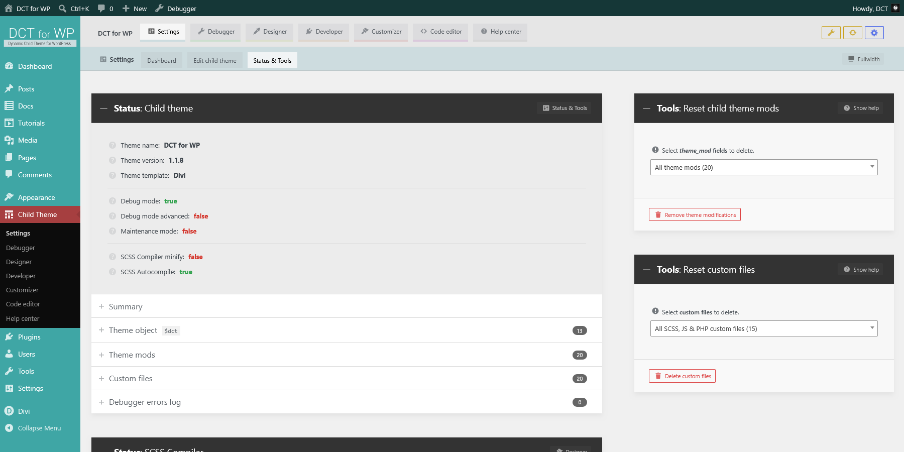 DCT Settings - Status and tools
